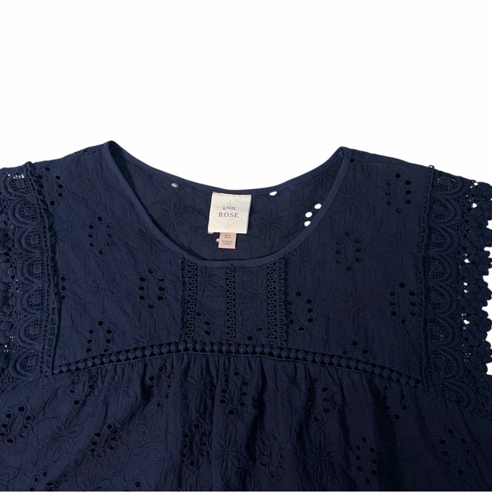Knox Rose Blouse Women's XL Navy Blue Lace Eyelet Short Sleeve Boho Shirt Top - Picture 5 of 8